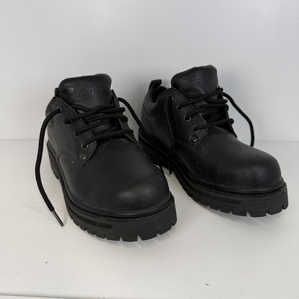 Skechers Boots Womens 8 Black Steel Toe Leather Work Ankle Lace Up Lug Sole